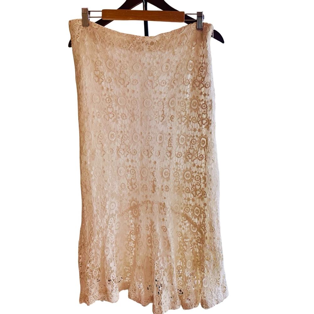 Kyra Womens L Ivory Crochet Lace Mermaid Midi Maxi Skirt Lined Tulle Ruffle Boho